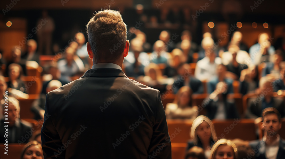 Poster man giving a presentation to an audience, a concept of leadership and communication on a blurred aud