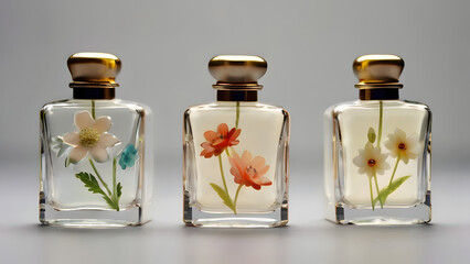 Three bottles for cosmetic products mini version of cosmetics for perfumes aromatic oils inside the bottles there are dried flowers perfume flowers light colors