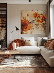 Cozy Living Room with Large Sofa and Flower Painting