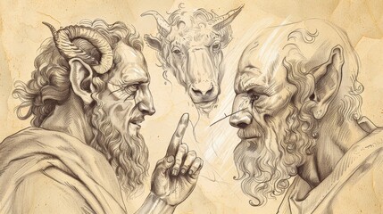 Fototapeta premium Beast and False Prophet Vision in Revelation, Mark Introduced, Biblical Illustration, Beige Background, Copyspace