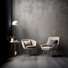 Living room in dark gray and beige, Minimalist style with empty black microcement wall, beige taupe ivory accent chair, golden lamp, modern reception lounge, 3D render
