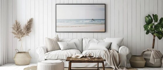 Frame mockup featuring a serene beach scene, transforming the room into a coastal retreat