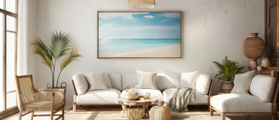 Frame mockup featuring a serene beach scene, transforming the room into a coastal retreat
