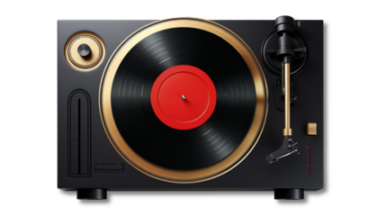 A black and gold record player featuring a red knob, set against a transparent background