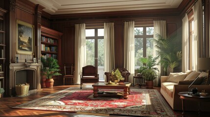 Fototapeta premium Stylish Classic Study Room Interior Design with Sunlight