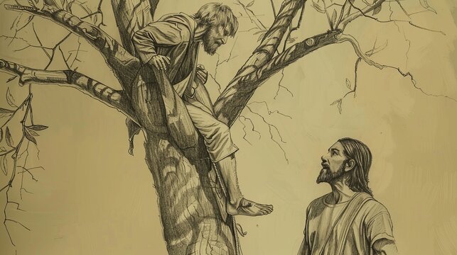 Zacchaeus Climbing Tree to See Jesus, Jesus Calling Down, Staying at His House, Biblical Illustration, Beige Background, Copyspace