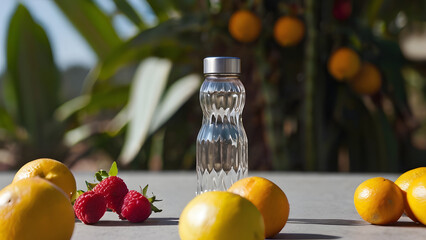 A glass water bottle stands in the garden on a table with strawberries in the foreground. a tropical forest