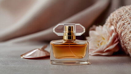 A bottle of perfume stands low against a background of flowers and delicate fabric