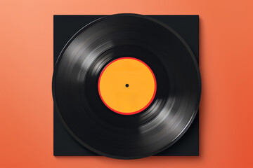 Obraz premium A black record with a vibrant orange disc on it, displayed on a transparent background. The record is inside a paper case