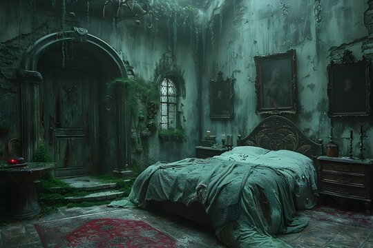 Eerie and Forgotten Abandoned Manor Bedroom Shrouded in Ominous Atmosphere and Decaying Elegance