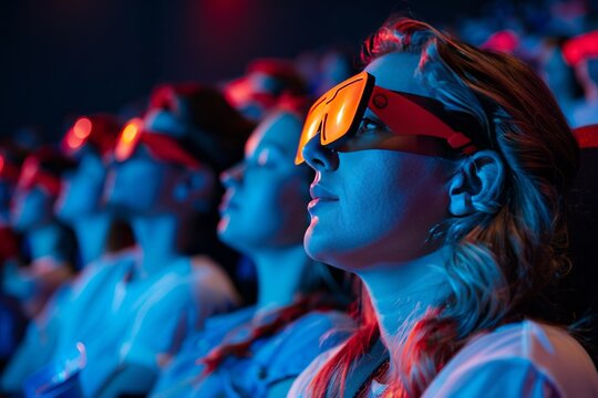 People watching movie in a movie theatre wearing 3D glasses, 3D movie 