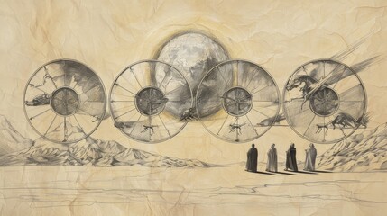 Vision of Ezekiel, Wheels Within Wheels, Living Creatures, Glory of God, Biblical Illustration, Beige Background, Copyspace