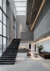 Modern Minimalist Office Workspace Interior with Stairs