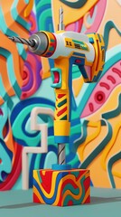 222 3D model of a drill icon with a colorful illustrated background
