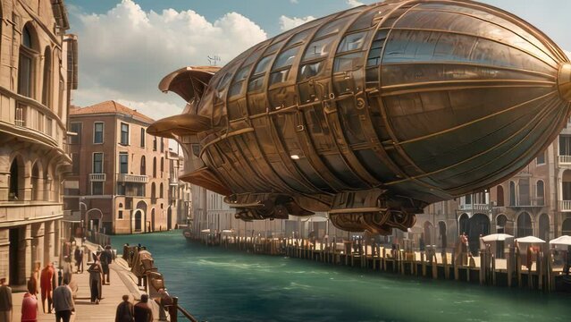 Video animation of  fantastical scene where a large, steampunk style airship is floating above a canal in what appears to be an alternate reality version of Venice