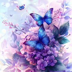 butterflies and flowers with blue and purple colors on a blue background