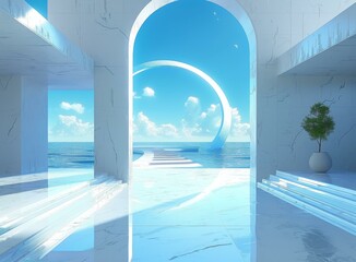 Fototapeta premium Futuristic City Of White Architecture Overlooking Turquoise Ocean Water