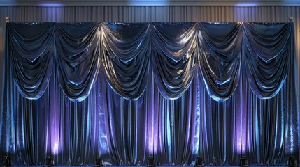 A dramatic scene with rich blue stage curtains slightly parted, revealing a spotlight shining on the center stage, creating a sense of anticipation and elegance.

