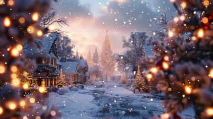 Snowy Christmas Street Scene with Lights, Decorations & Santa