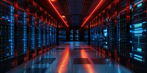 Fototapeta premium Server Room Interior Design With Blue And Red Lights