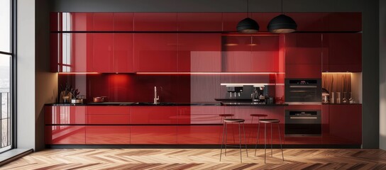 Contemporary minimal red kitchen featuring high-gloss red cabinetry, herringbone wooden flooring, and modern fixtures