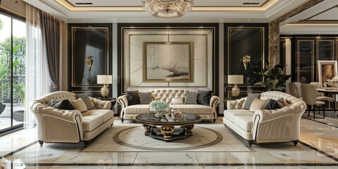 Luxury Living Room with Sofa, Coffee Table, Carpet, Chandelier, and Paintings