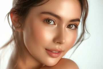 Naklejka premium Close-up portrait of a woman with flawless skin and natural makeup, radiating beauty and confidence in a soft, light background.