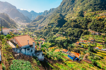 Magical green fields landscape on sunny day with traditional houses in Madeira, Portugal