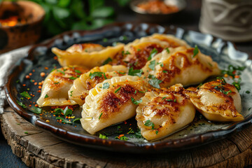 Taiwanese and Japanese Pan-fried gyoza dumpling jiaozi food in a plate with garlic soy sauce famous chinese appetiser for Banner website, Ads. Generative AI