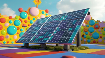276 3D model of a solar panel icon with a colorful illustrated background