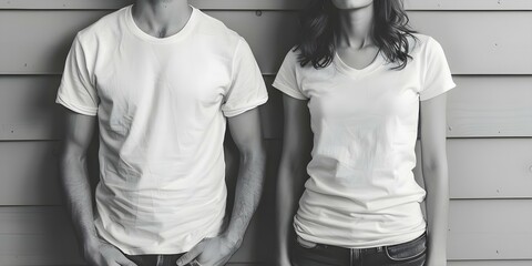 Couple showcases blank tees in black and white. Concept Couple Portraits, Fashion Photography, Black and White, Blank Tees, Stylish Poses - Powered by Adobe