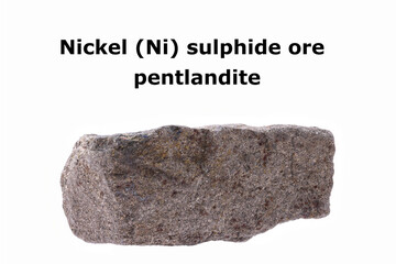 Isolated Nickel (Ni) sulphide (pentlandite) ore, white background, with text. Mined in Australia,...