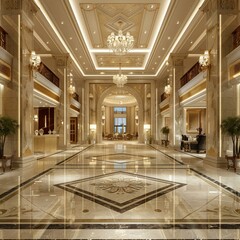 Opulent Hotel Lobby with Marble and Chandeliers