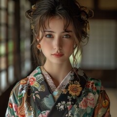Fototapeta premium portrait of a beautiful young woman in a kimono