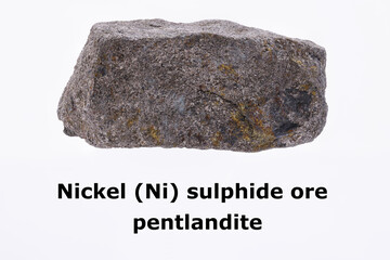 Isolated Nickel (Ni) sulphide (pentlandite) ore, white background, with text. Mined in Australia,...