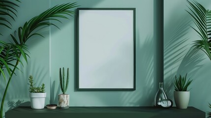 Empty Mockup Picture Frame on Green Wall with Indoor Plants and a Bamboo Chair