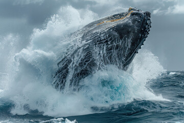 Obraz premium A massive blue whale breaching the ocean surface seawater splashes, a moment of awe-inspiring power and grace. Generative AI