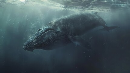Fototapeta premium The blue whale glides gracefully through the water, its immense size aweinspiring, close up