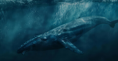 Fototapeta premium The blue whale glides gracefully through the water, its immense size aweinspiring, close up