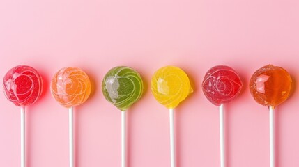 A row of multicolored lollipops on white stick against a little pink background
 - Powered by Adobe