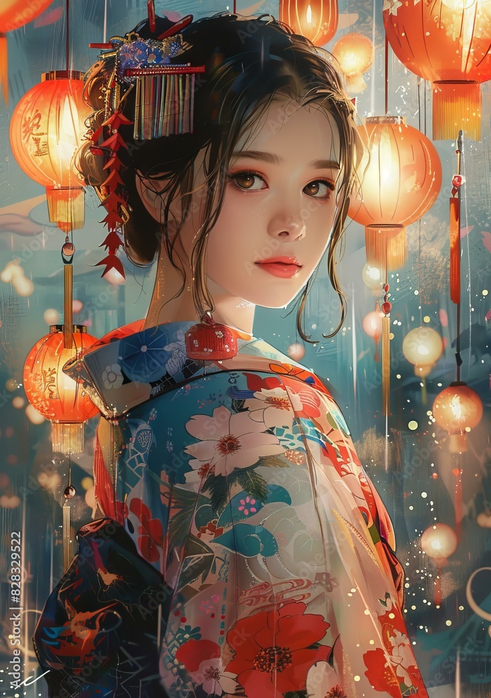 Wall mural portrait of a beautiful asian woman in a kimono with red and pink flowers and traditional hair acces