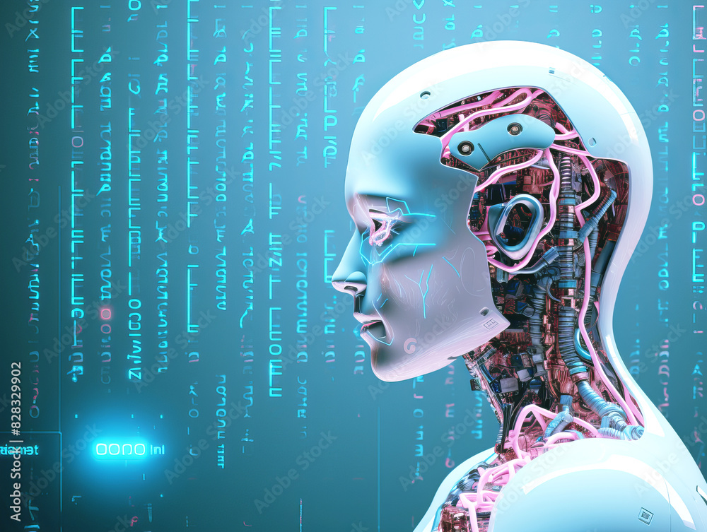 Aufkleber A side profile of a cyborg with exposed internal mechanisms, digital code background, in a futuristic concept. Generative AI