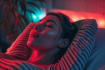 A Hispanic woman on a bed, receiving LED red light therapy