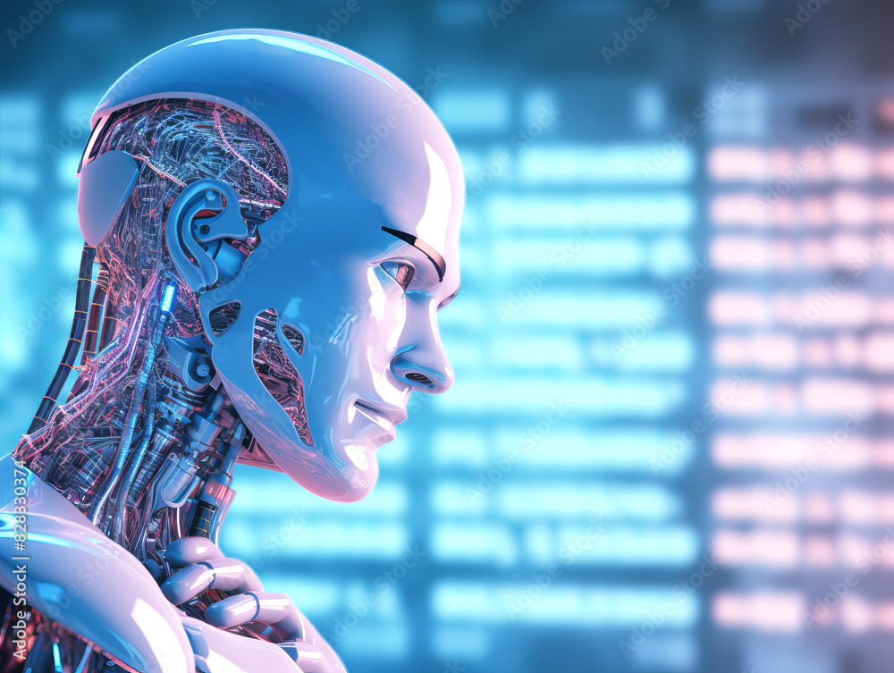 Poster A detailed image of an android's head side-view against a blue digital background, representing futuristic concepts. Generative AI