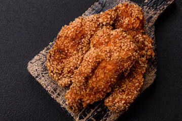Delicious fresh crispy chicken nuggets on a dark concrete background