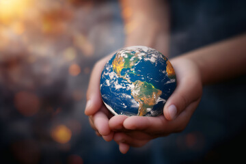 A close-up of hands gently holding a small globe, symbolizing global unity, care for the Earth, and environmental responsibility.
