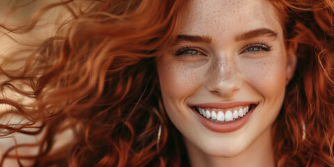 Fototapeta premium Close-up portrait of a smiling brunette model with long, curly red hair and glamorous makeup
