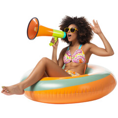 Curly haired woman relaxing in swimming pool while holding megaphone, white background