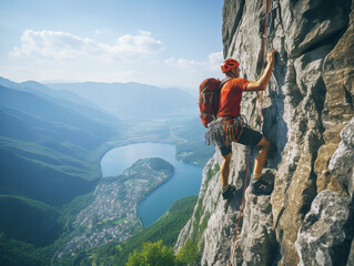 A climber ascending a rock face with a scenic lake and mountains as background, symbolizing...