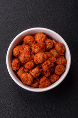 Delicious soy meat with tomato sauce, salt and spices